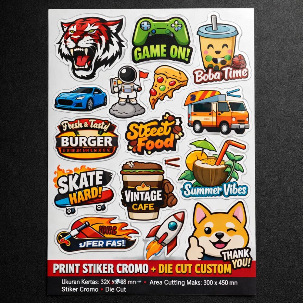 Print Stiker Cromo Die Cut A3+ | Custom Bentuk Sesuai Desain