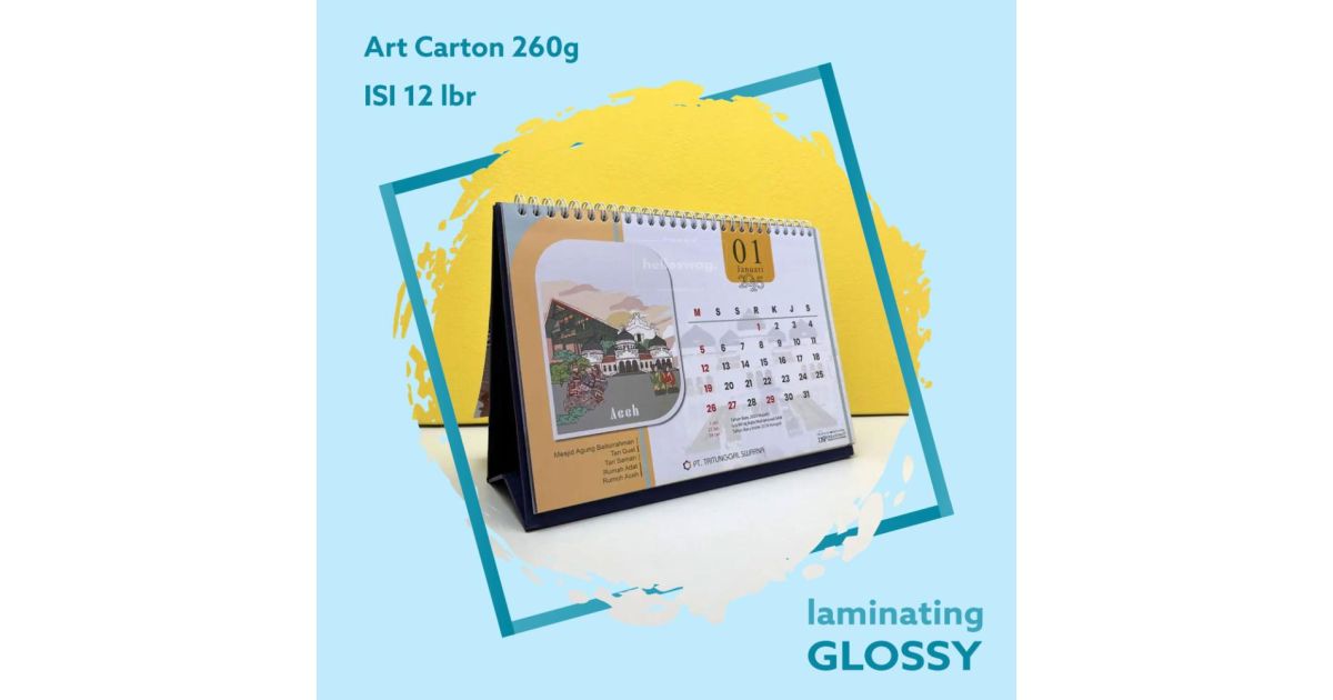 Kalender A5 210x150 Landscape, Isi 12 lbr, Art Carton 260g 2 Sisi Laminating Glossy