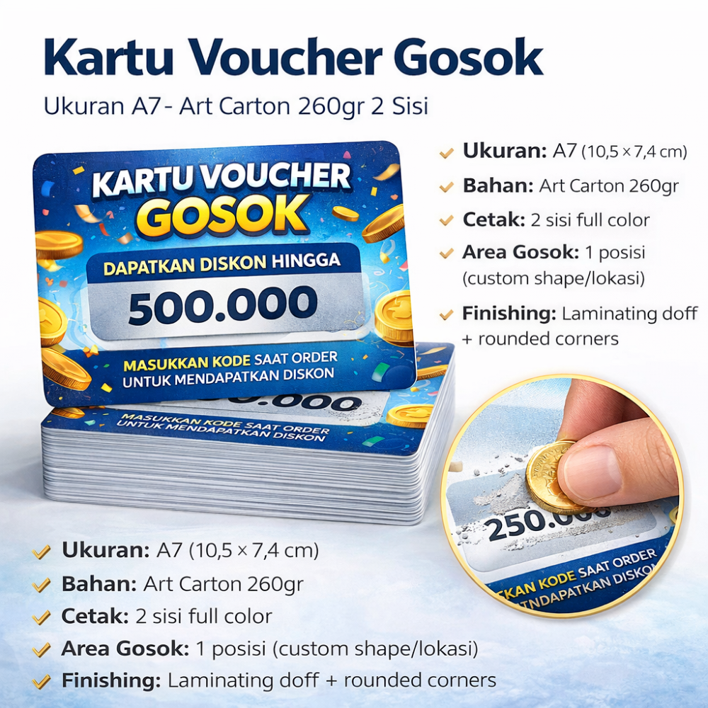 Cetak Voucher Gosok A7 Custom – Art Carton 260gr