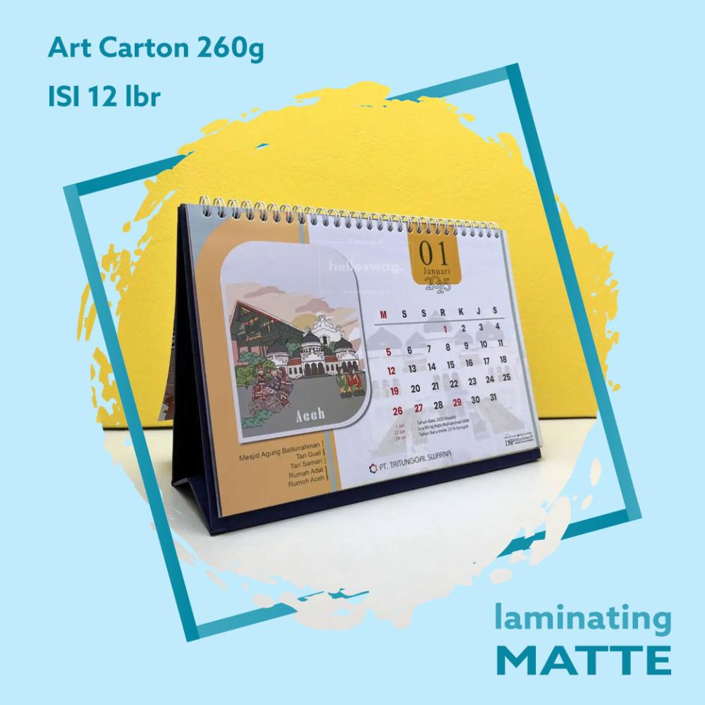 Kalender A5 210x150 Landscape, Isi 12 lbr, Art Carton 260g 2 Sisi Laminating Matte