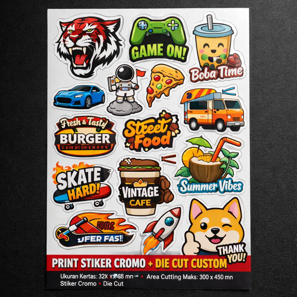 Print Stiker Cromo Die Cut A3+ | Custom Bentuk Sesuai Desain